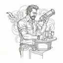 A black and grey sketch of a bartender mixing music-themed cocktails on the abdomen tattoo design idea
