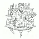 A black and grey sketch of a bartender mixing music-themed cocktails on the abdomen tattoo design idea