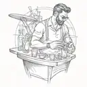 A black and grey sketch of a bartender mixing music-themed cocktails on the abdomen tattoo design idea