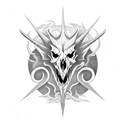 dragon skull between dark waves tattoo design idea