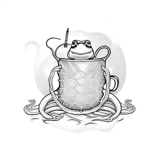 A blackwork tattoo of a fishing net morphing into a winding road, with a coffee mug and frog resting on top tattoo design idea