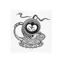 A blackwork tattoo of a fishing net morphing into a winding road, with a coffee mug and frog resting on top tattoo design idea