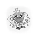 A blackwork tattoo of a fishing net morphing into a winding road, with a coffee mug and frog resting on top tattoo design idea