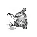 A blackwork tattoo of a fishing net morphing into a winding road, with a coffee mug and frog resting on top tattoo design idea