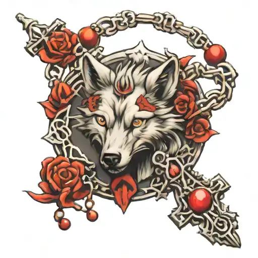 wolf rosary christian cross tattoo design idea