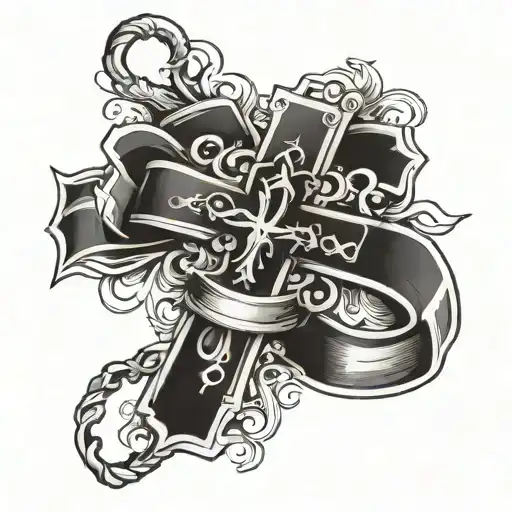 cross with a ribbon going down with psalms 23:4 and l.l.MMXXIV tattoo design idea