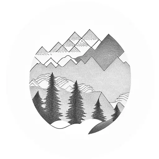 black forearm band with transitions from mountains, trees, rivers, and ocean waves tattoo design idea