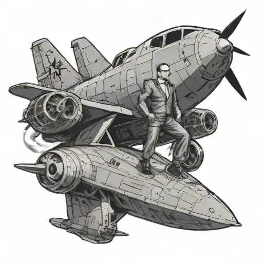 A CEO standing on top of a warplane, symbolizing their leadership and power, in black-grey style tattoo design idea