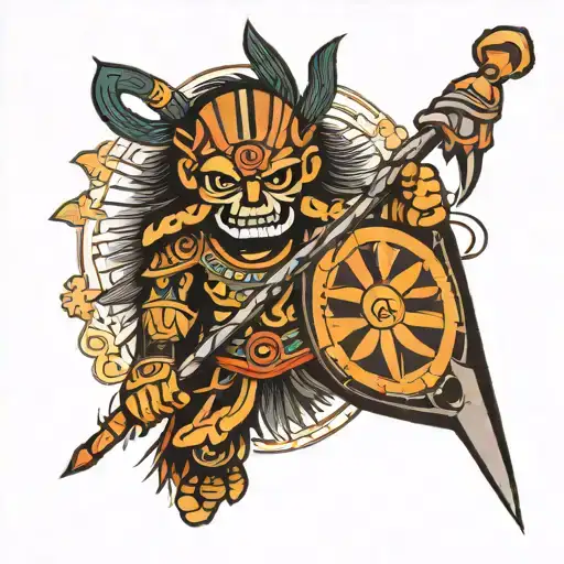 god Mictlantecuhtli dark warrior with spear tattoo design idea