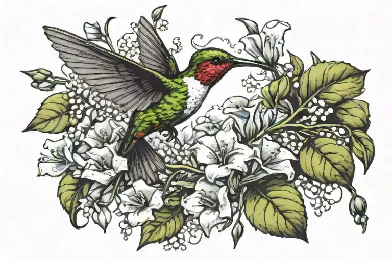 hummingbird flying next to a branch wrapped in lily of the valley and morning glory tattoo design idea