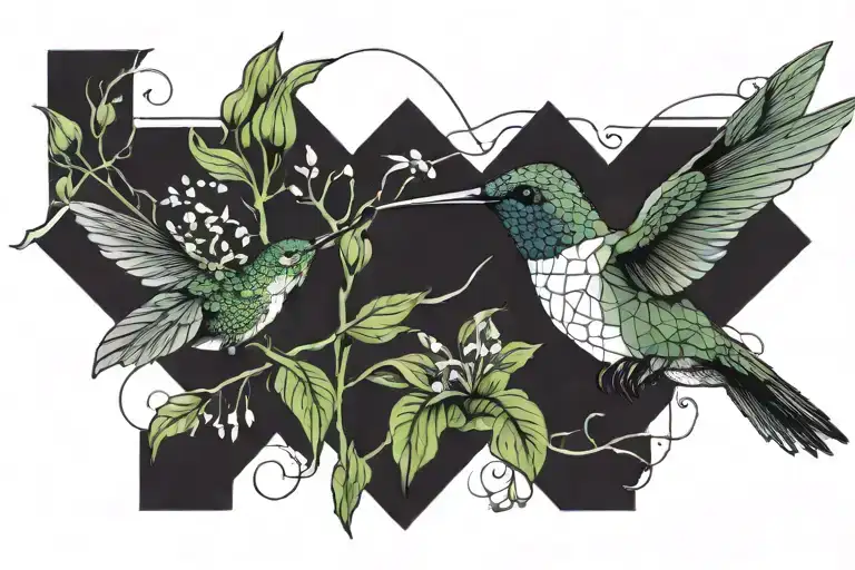 hummingbird flying next to a branch wrapped in lily of the valley and morning glory tattoo design idea
