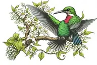 forest tree with hummingbird flying, a silly goose at the bottom, a lily of the valley blooming next to a morning glory. tattoo design idea