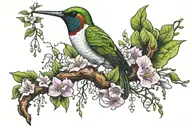 forest tree with hummingbird flying, a silly goose at the bottom, a lily of the valley blooming next to a morning glory. tattoo design idea