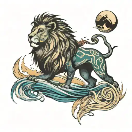 lion + sun + sea tattoo design idea