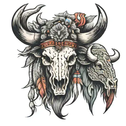 two Indian heads with bull skull in the middle tattoo design idea
