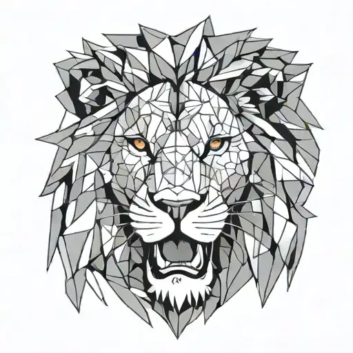 geometric lion head at an angle with mouth open roaring.  with water color . tattoo design idea