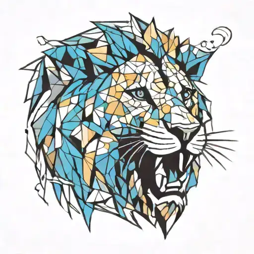 geometric lion head at an angle with mouth open roaring.  add bright  colors to the design  . make eyes blue  tattoo design idea