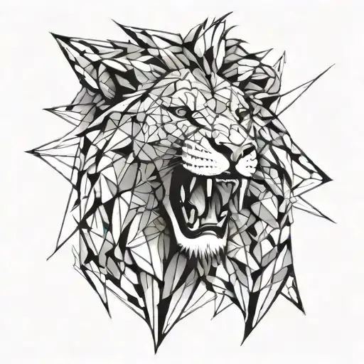 geometric lion head at an angle with mouth open roaring.  water color effect. tattoo design idea