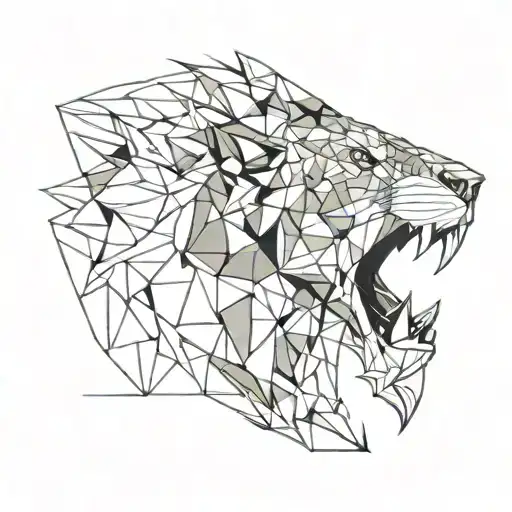 geometric lion head at an angle with mouth open roaring.  add colors to the design  . make eyes blue  tattoo design idea