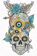 day of the dead skull with evil eye and cross made tattoo design idea