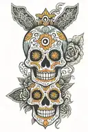 day of the dead skull with evil eye and cross made tattoo design idea