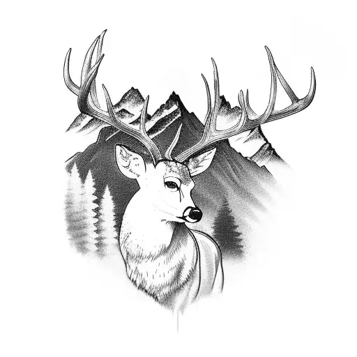 Mountain Scene deer lake tattoo design idea