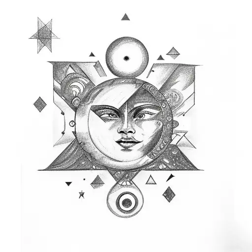 A right hand design incorporating sun, moon, and stars, and the greek letters alpha and omega tattoo design idea