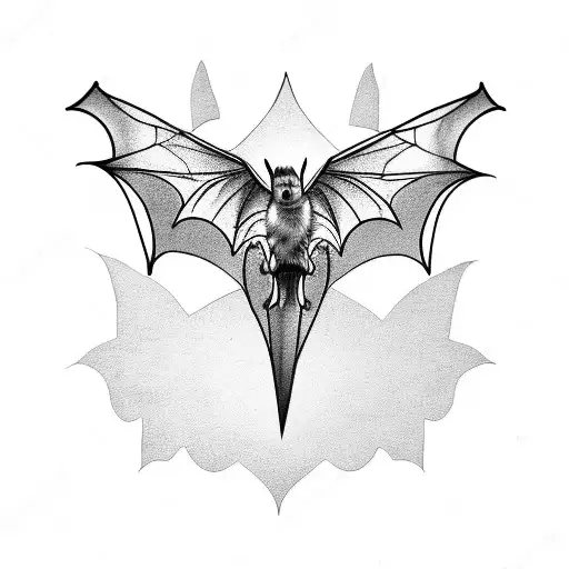 A blackwork tattoo of a bat in flight surrounded by taxidermy butterflies tattoo design idea