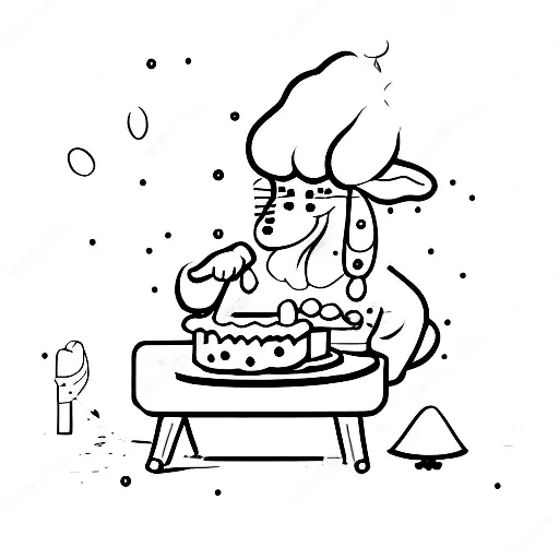 A whimsical illustration of a dog baking a cake, in sketch style tattoo design idea