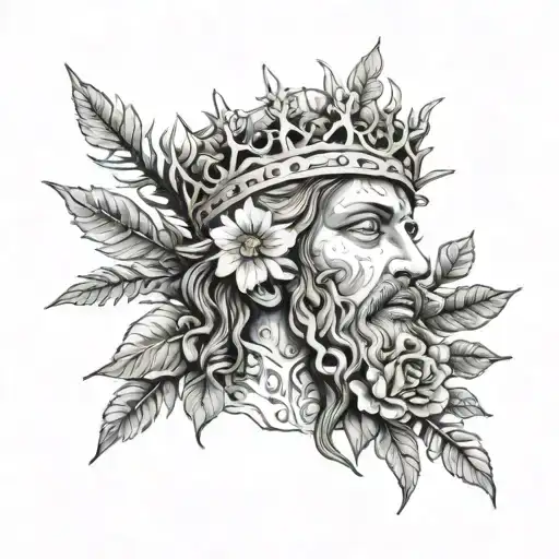 Rostro de Cristo con corona de espinas y flores y olivos alrededor  tattoo design idea