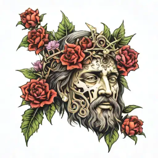 Rostro de Cristo con corona de espinas y flores alrededor  tattoo design idea
