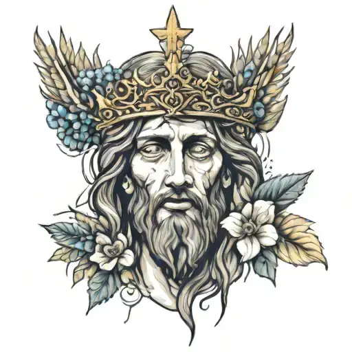 Rostro de Cristo con corona de espinas, arribs el cielo y rodeado de flores y olivos. tattoo design idea