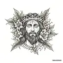 Rostro de Cristo con corona de espinas y flores y olivos alrededor  tattoo design idea