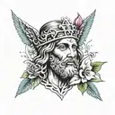 Rostro de Cristo con corona de espinas y flores y olivos alrededor  tattoo design idea