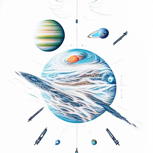 A surreal scene of a deep space exploration journey with a spiritual twist tattoo design idea