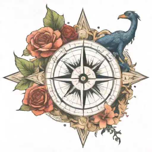 compass with dinosaur eye in center & arrow pointing east. tree of life themed design, capricorn constellation in sky tattoo design idea