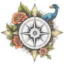 compass with dinosaur eye in center & arrow pointing east. tree of life themed design, capricorn constellation in sky tattoo design idea