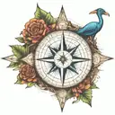 compass with dinosaur eye in center & arrow pointing east. tree of life themed design, capricorn constellation in sky tattoo design idea