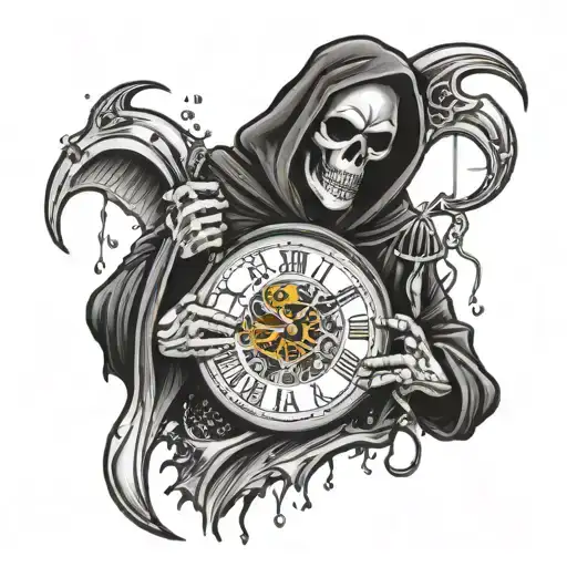 grim reaper holding clock surrounded by rain  tattoo design idea