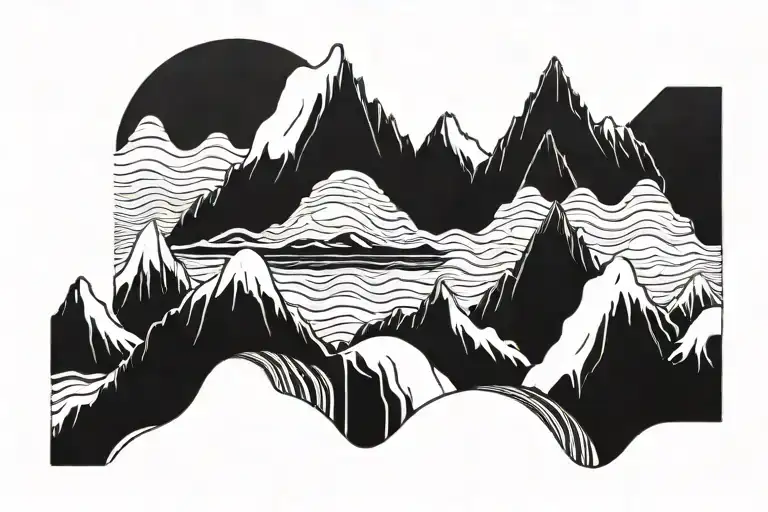 surf wave mountain range silhouette tattoo design idea