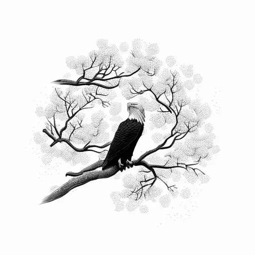 A majestic eagle perched on a tree branch surrounded by blooming cherry blossoms tattoo design idea