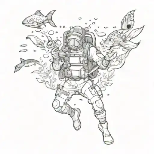 A detailed sketch of a scuba diver surrounded by marine life, capturing the beauty of the underwater world tattoo design idea