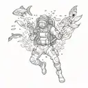 A detailed sketch of a scuba diver surrounded by marine life, capturing the beauty of the underwater world tattoo design idea