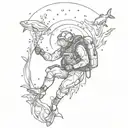 A detailed sketch of a scuba diver surrounded by marine life, capturing the beauty of the underwater world tattoo design idea