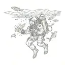 A detailed sketch of a scuba diver surrounded by marine life, capturing the beauty of the underwater world tattoo design idea