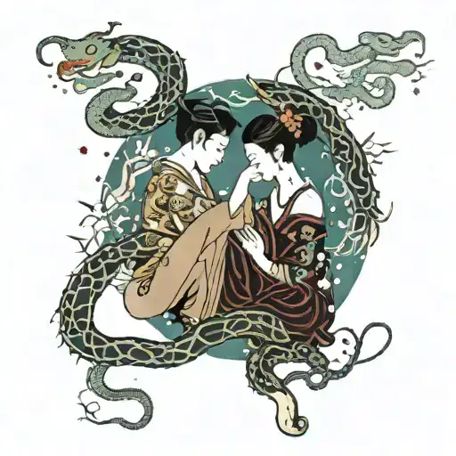 A surreal scene of Gemini twins painting the night sky with snakes as their muses tattoo design idea