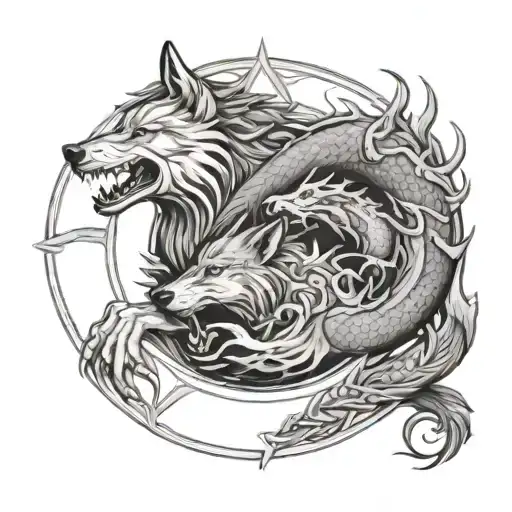 Wolf and Dragon around a circle shape tattoo design idea