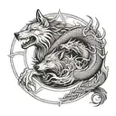 Wolf and Dragon around a circle shape tattoo design idea