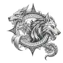 Wolf and Dragon around a circle shape tattoo design idea