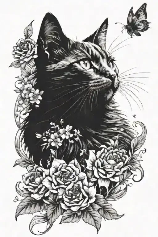 blavk cat with flowers surrounding tattoo design idea